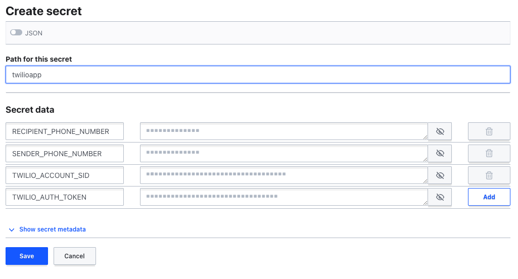 Vault secret showing the path (twilioapp) and all the config values entered (Values masked)