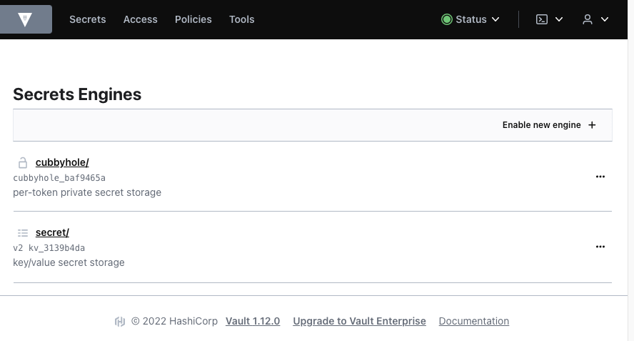 Vault UI showing the default secrets engines: cubbyhole and secret