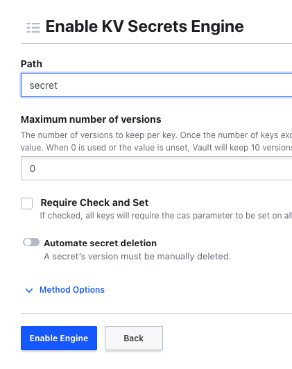 Vault configuration page asking for the path of the KV secrets engine showing a path input and an Enable Engine button at the bottom