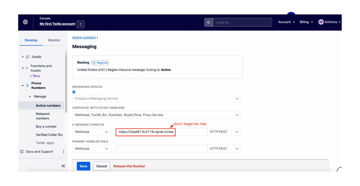 Setting up the webhook URL within the Twilio Console