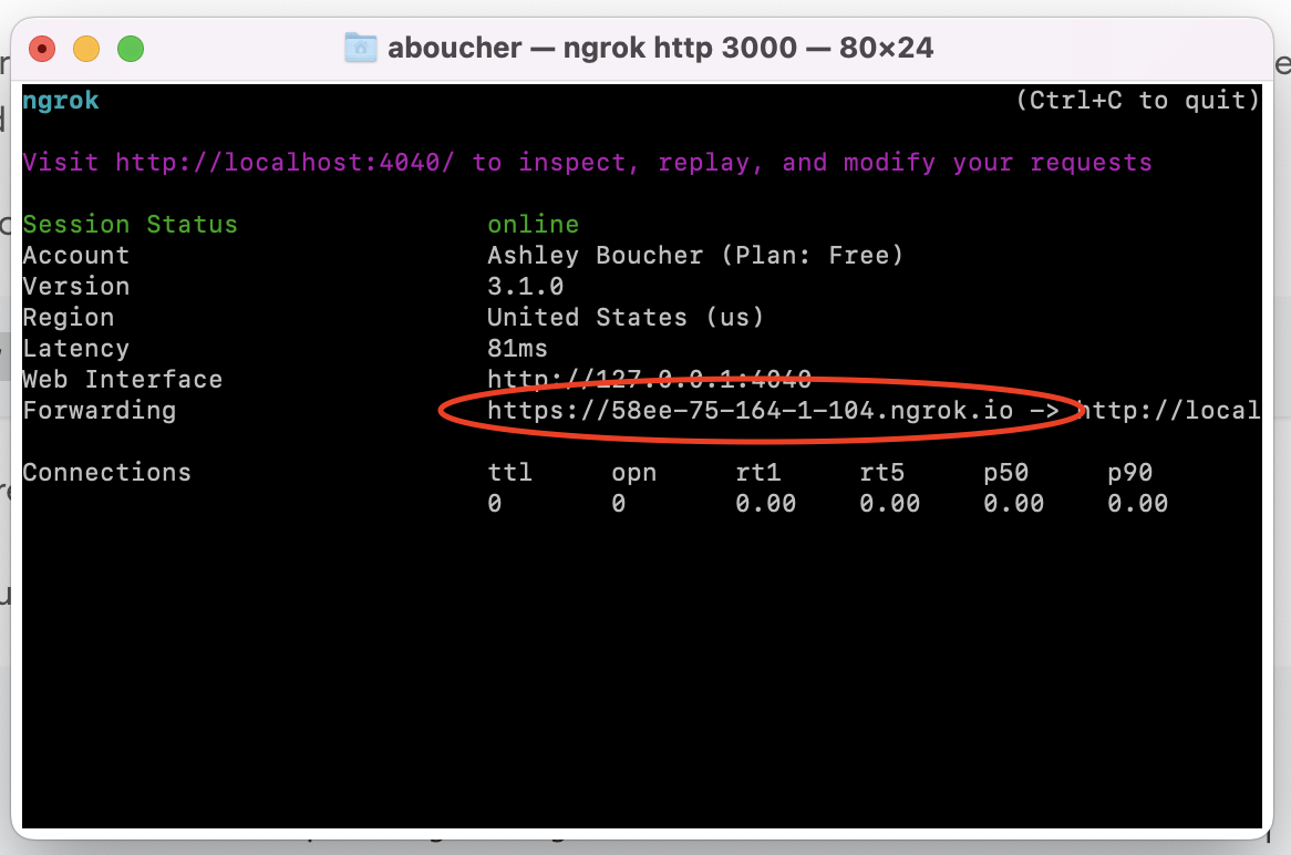 Screenshot showing ngrok running in terminal with secure forwarding url circled in red