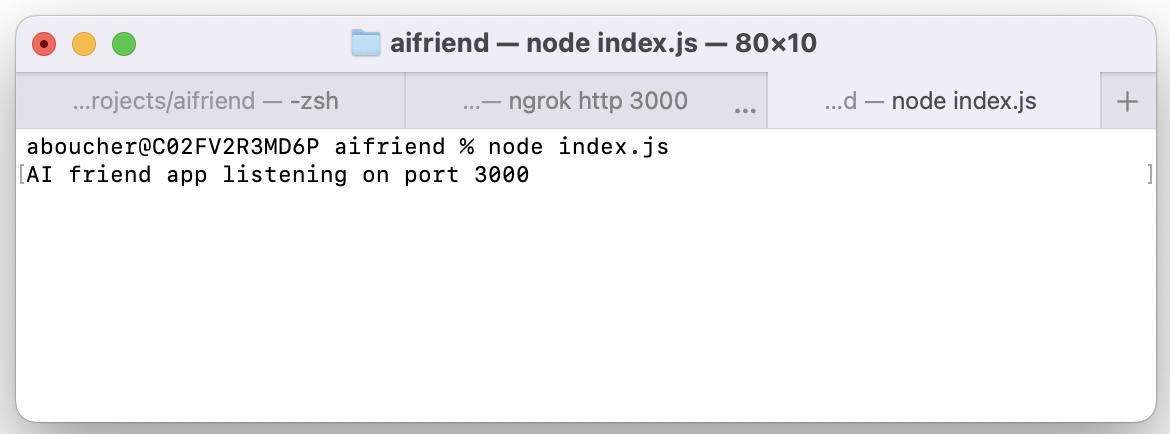 Screenshot showing terminal window with text "AI friend app listening on port 3000"