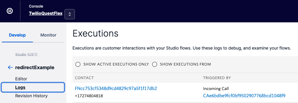 Image of how to consult a call log in Twilio Console