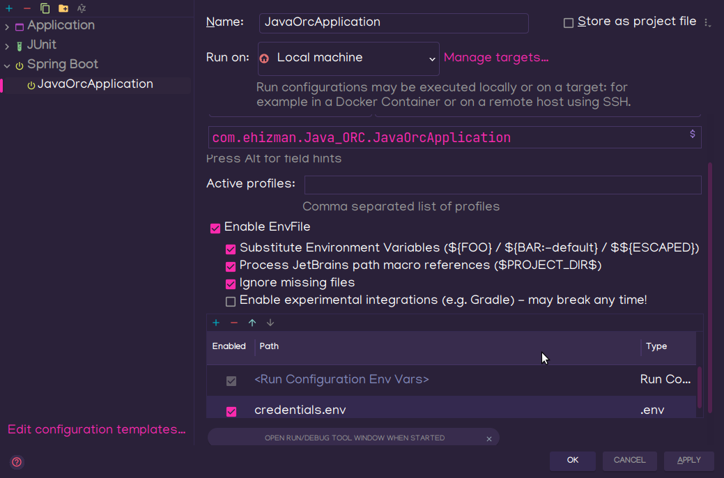 Read credentials from an env file on IntellIJ IDEA