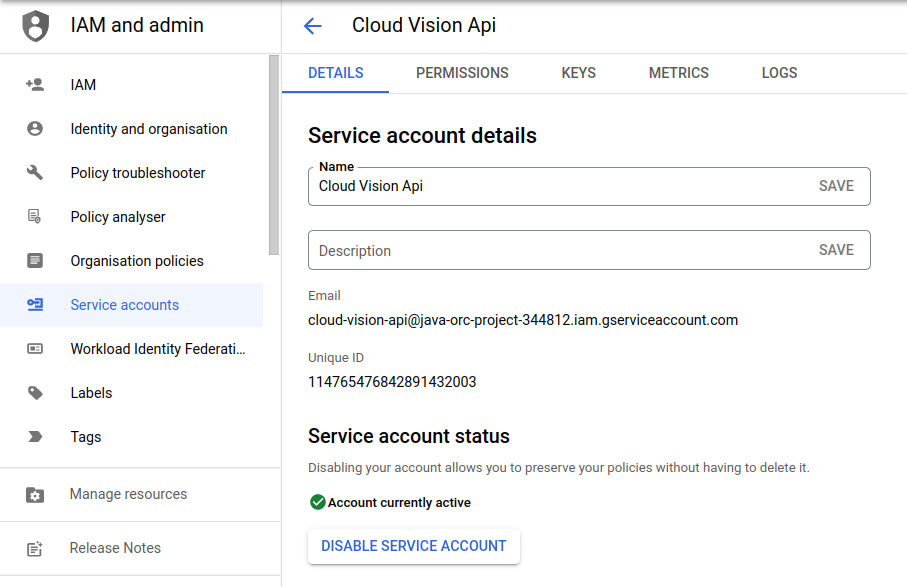 Service account details for Google Cloud Application