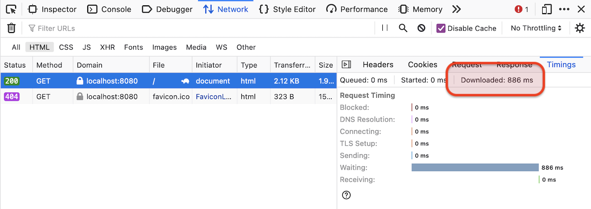 Downloaded time in Firefox without caching.