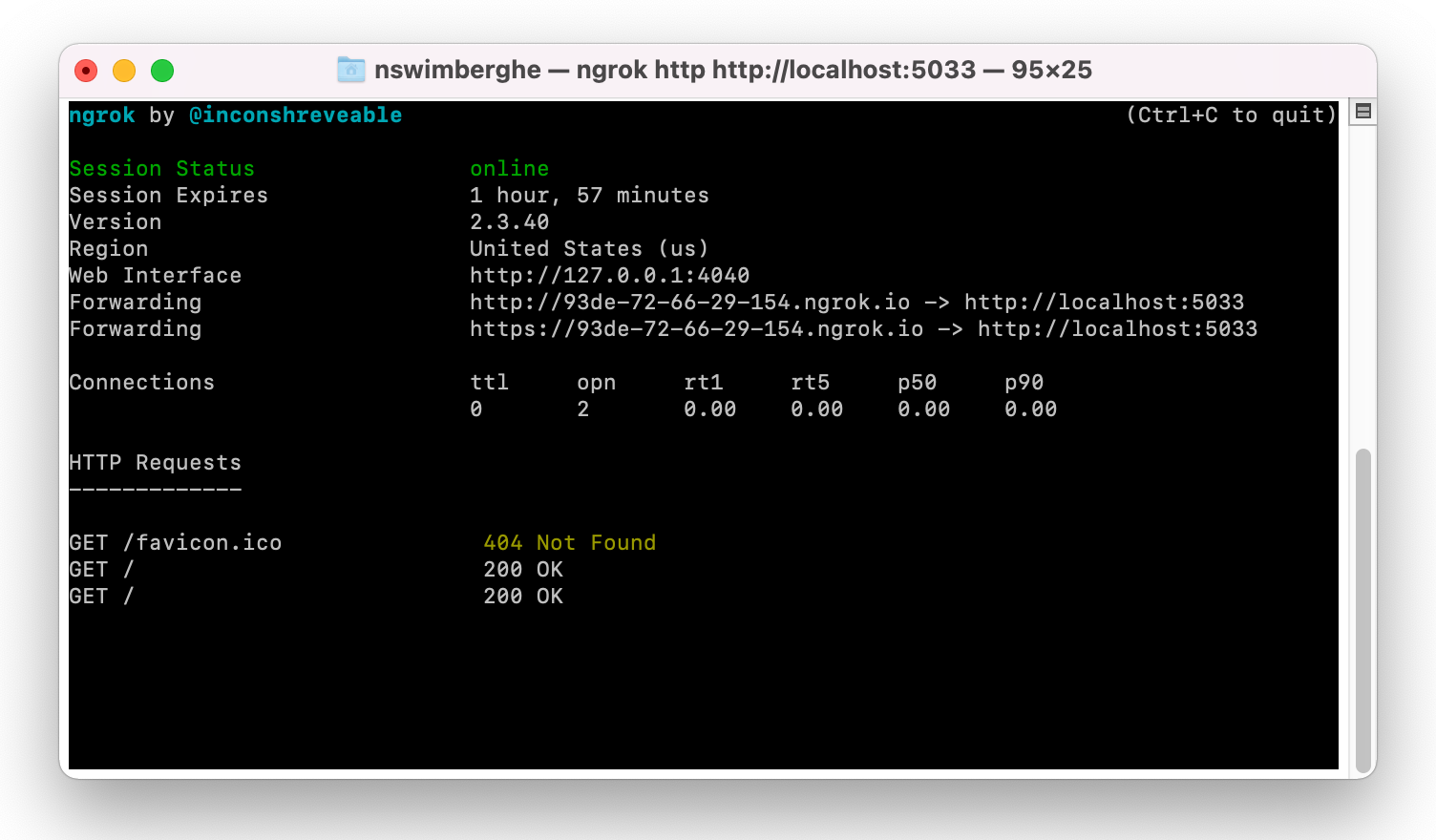 Ngrok output showing the two public URLs forwarding the local web server URLs