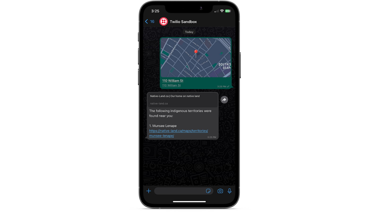 WhatsApp - Conversation with a Twilio number containing a sent, blacked-out location message and a response message with indigenous groups