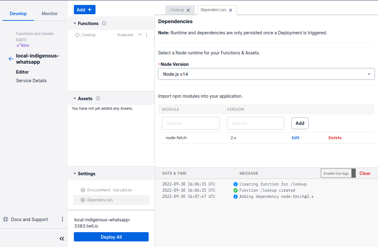 Twilio Function - Dependencies tab with the node-fetch module imported on version 2.x