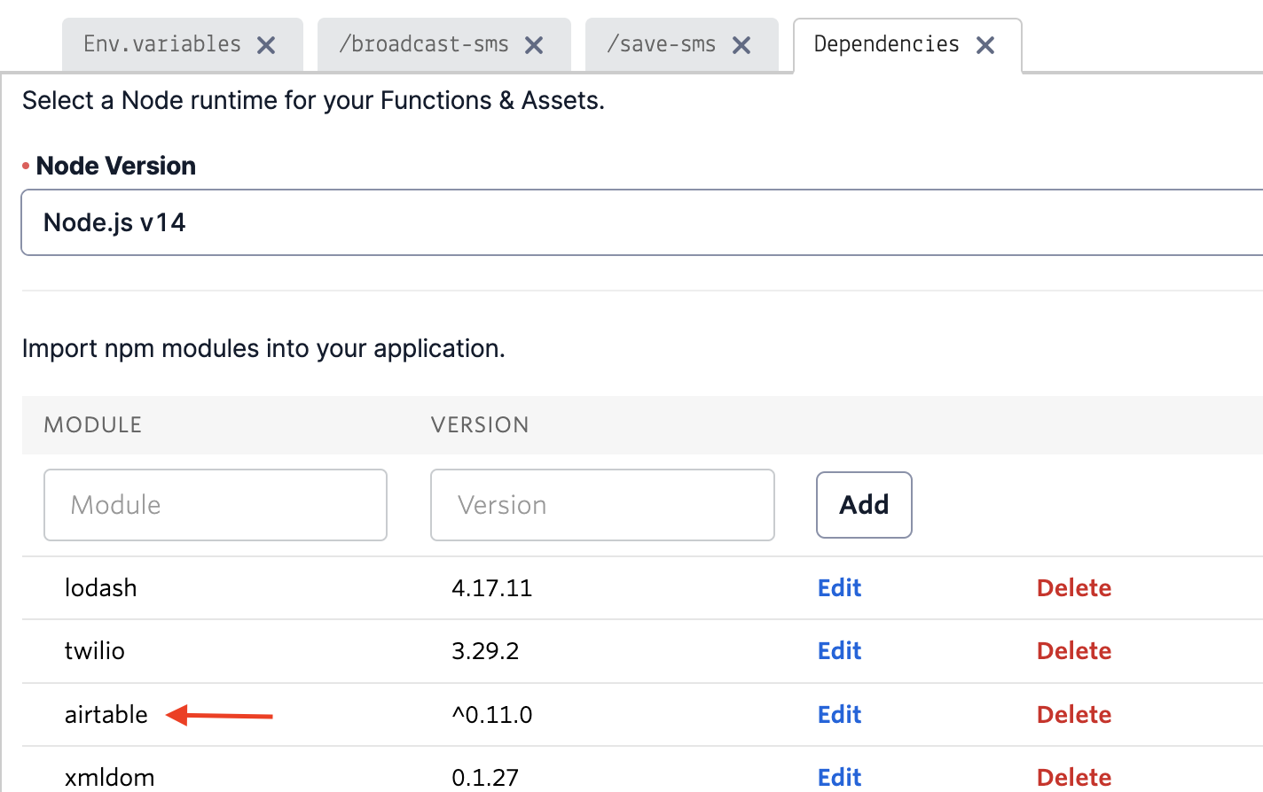 Screenshot showing where to find Airtable dependency