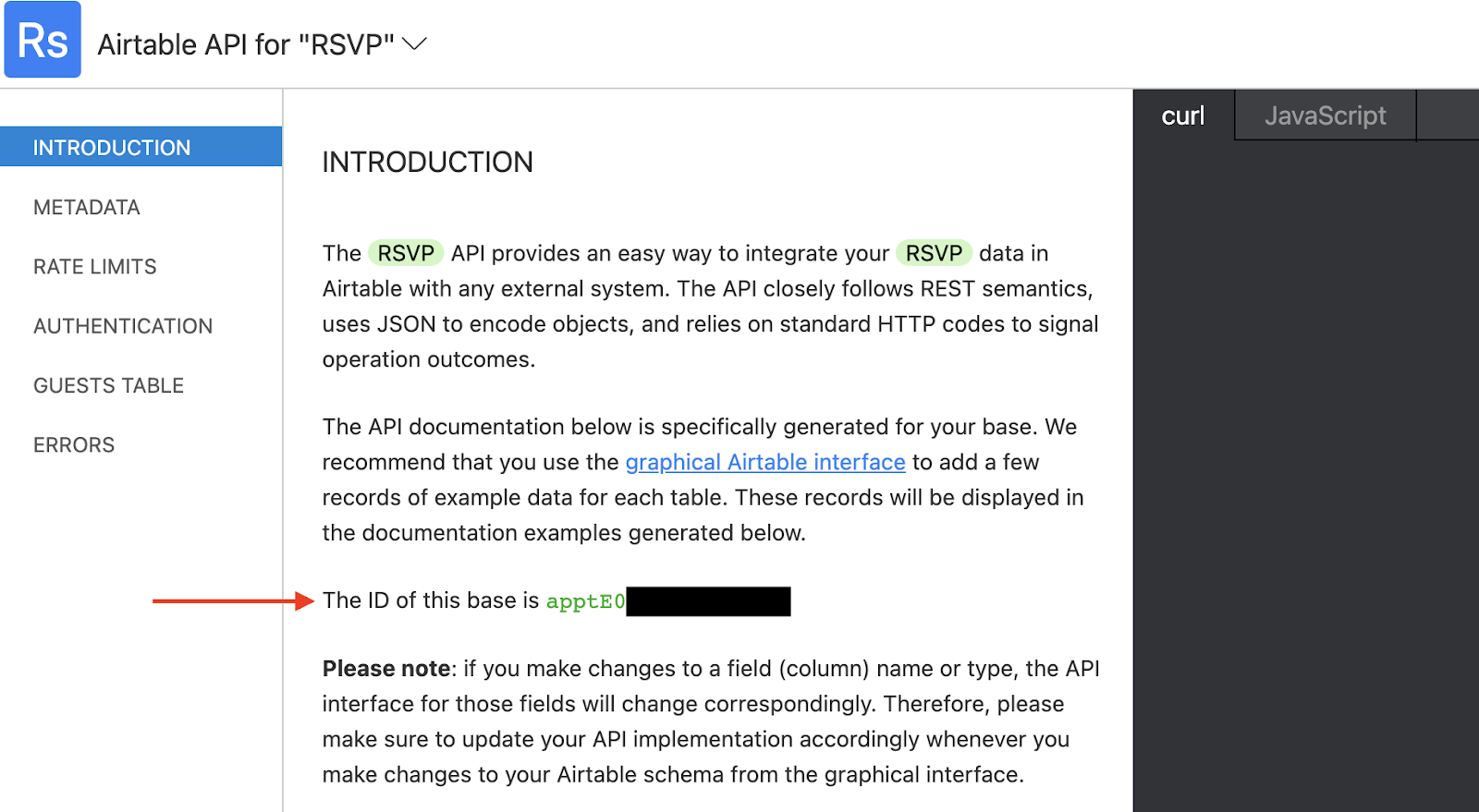 Screenshot of where to find Base ID in Airtable API docs