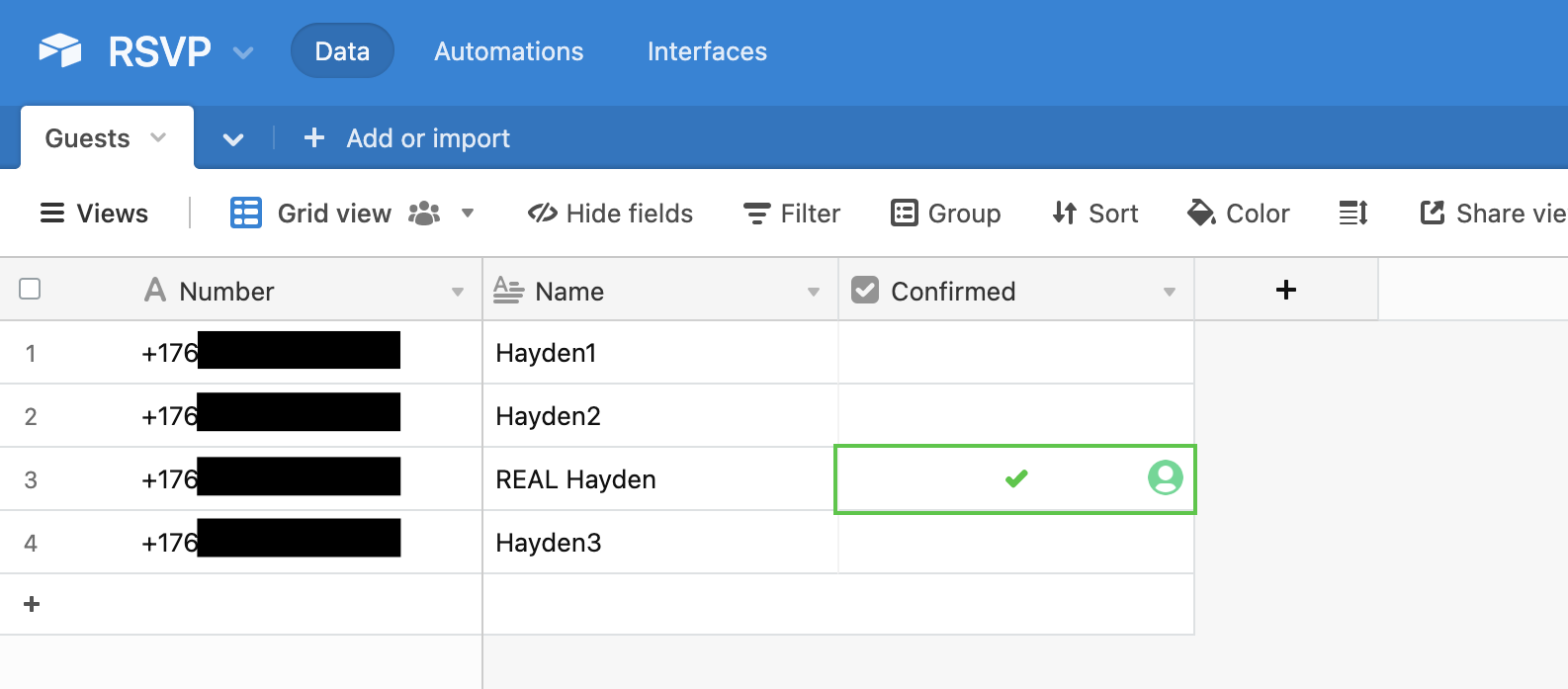 Screenshot of Airtable with four records and only the one with my personal number being checked under Confirmed