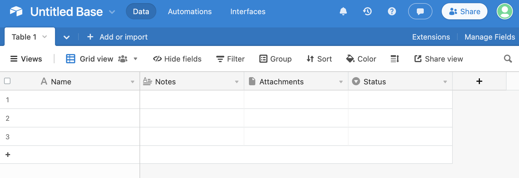 Screenshot showing default Airtable base when starting from scratch