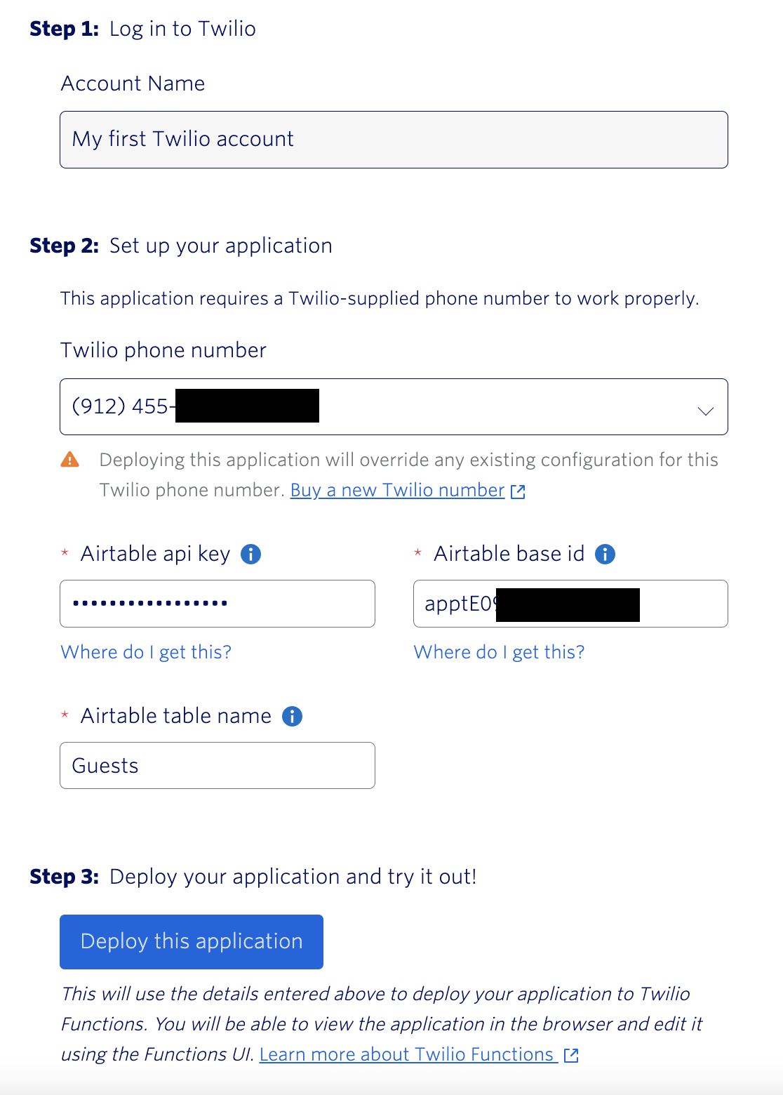 Screenshot showing credentials filled in for Twilio Quick Deploy App