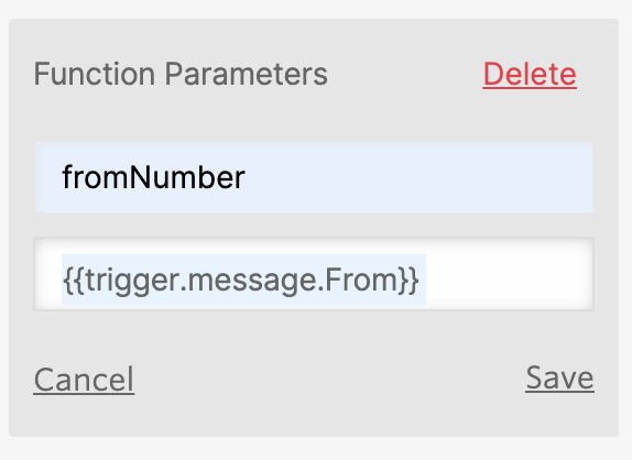 Function parameters of the call save sms function widget