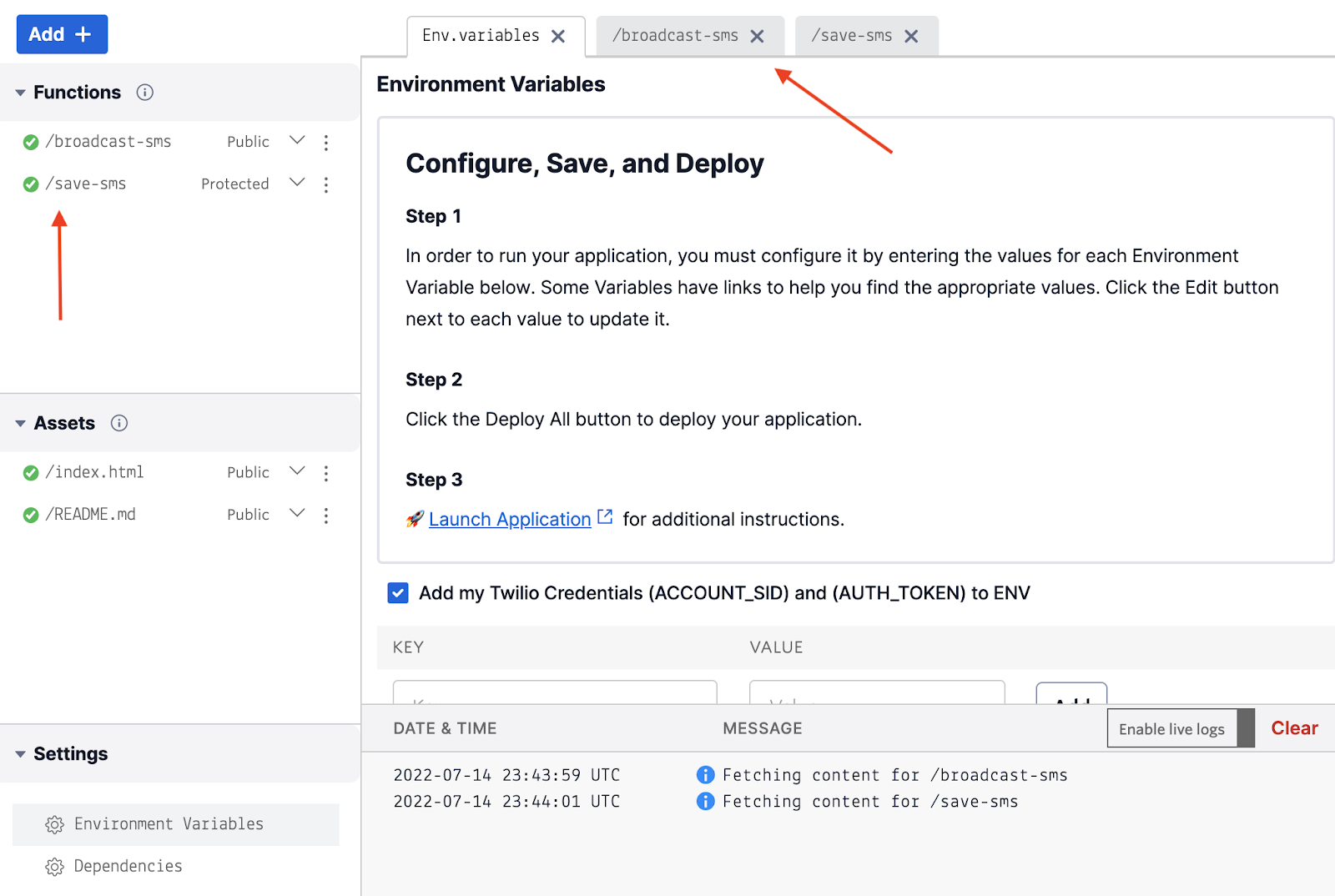 Screenshot showing what Twilio Functions look like after Quick Deploy