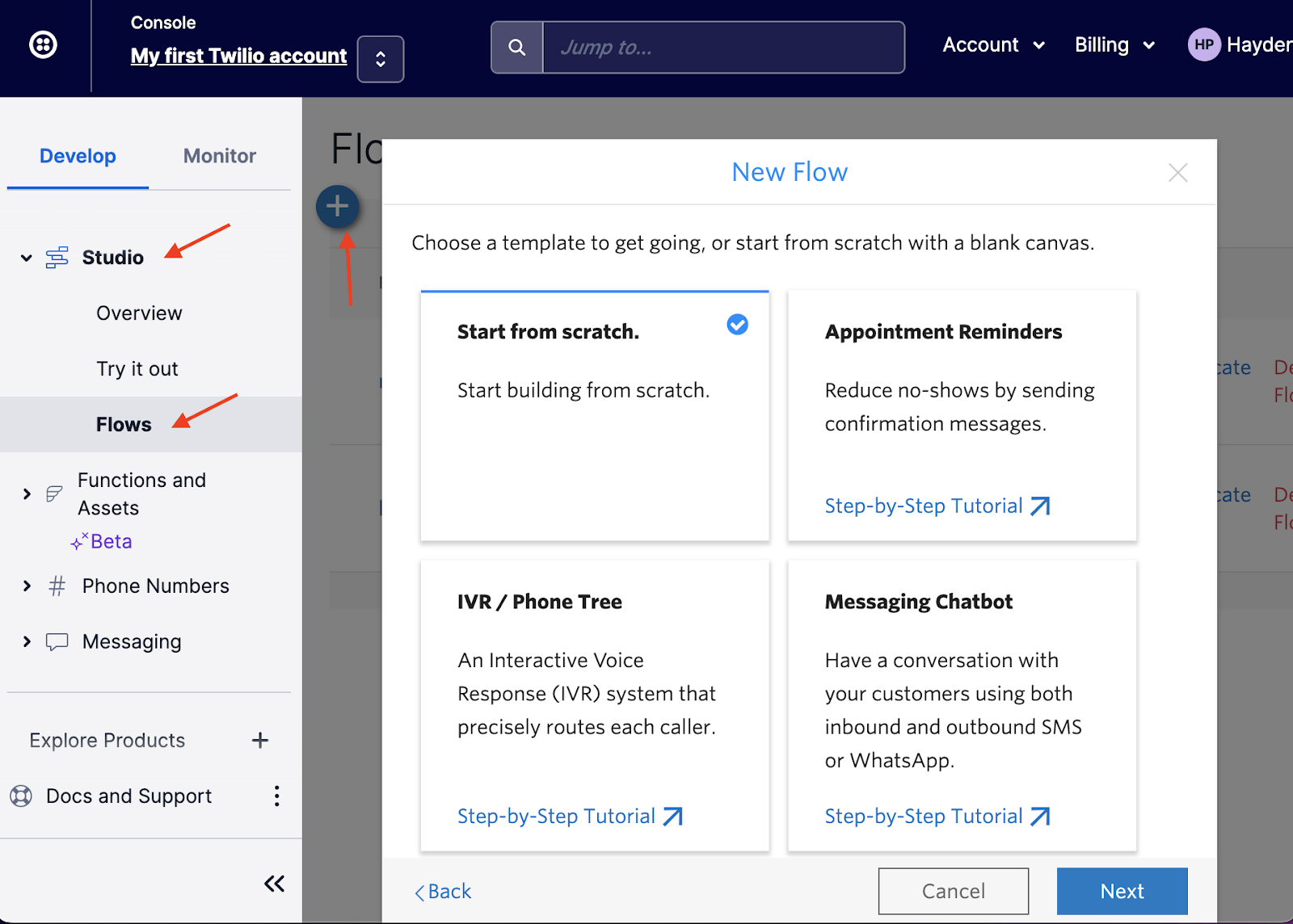 Screenshot showing the steps of how to start a new Twilio Studio Flow from scratch