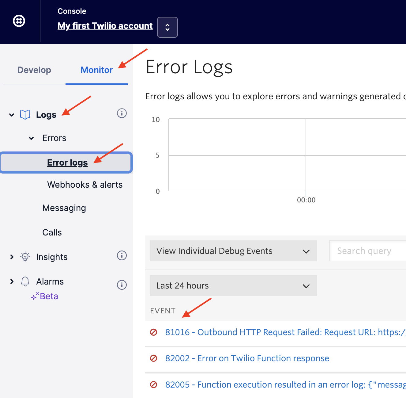 Screenshot of where to find error logs