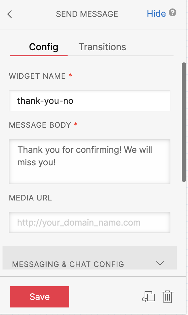 Config panel showing information filled in for thank you yes widget