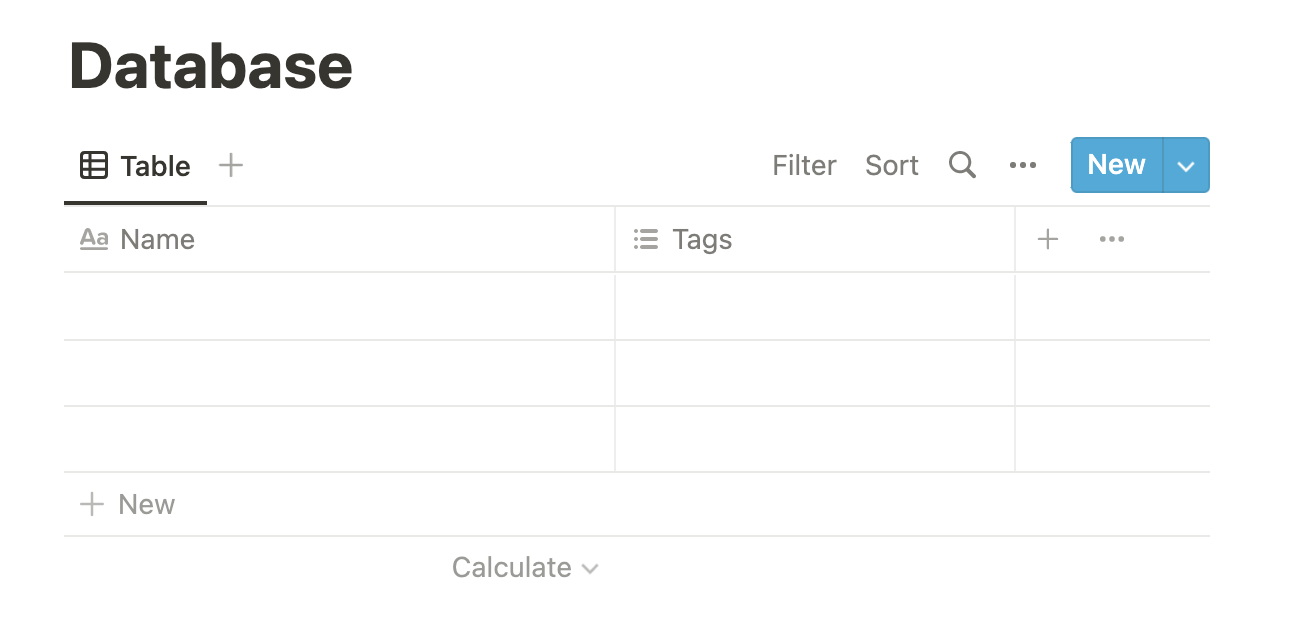 Default database in Notion when creating a new database from scratch