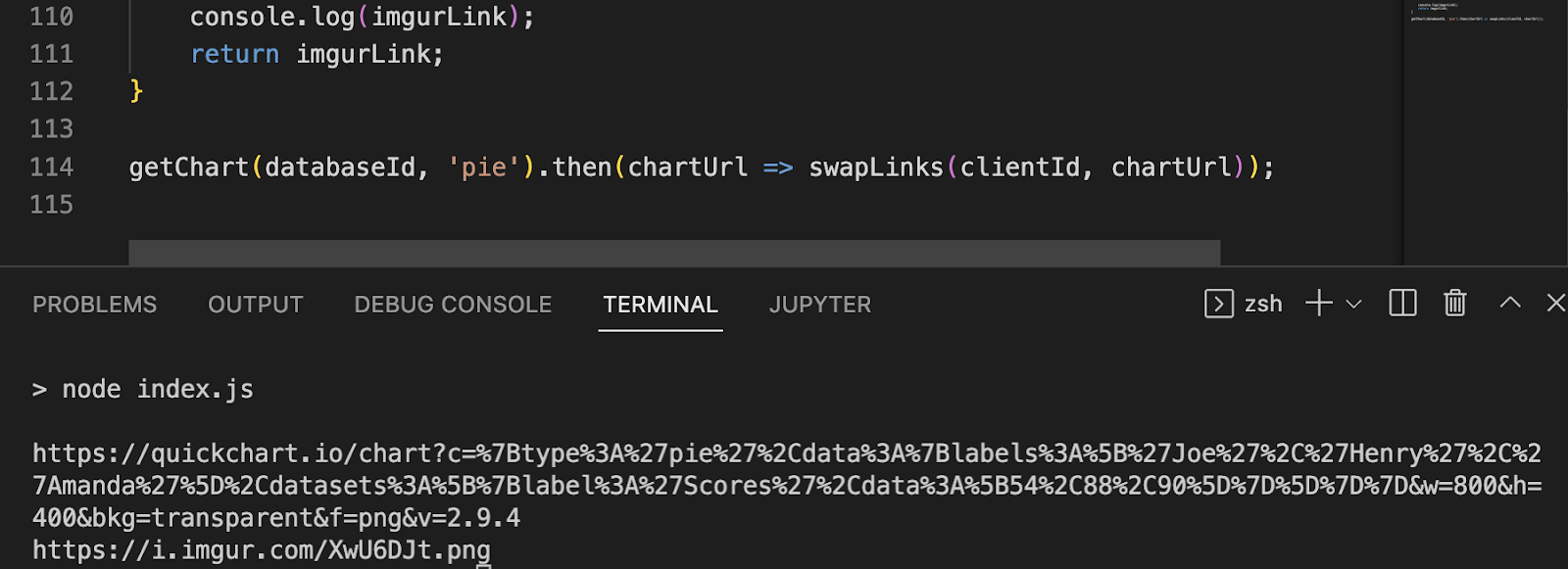 Printing the imgur link generated from uploading the QuickChart link