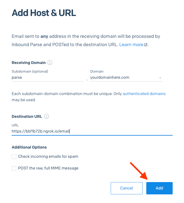 Using your ngrok URL for the Inbound Parse webhook