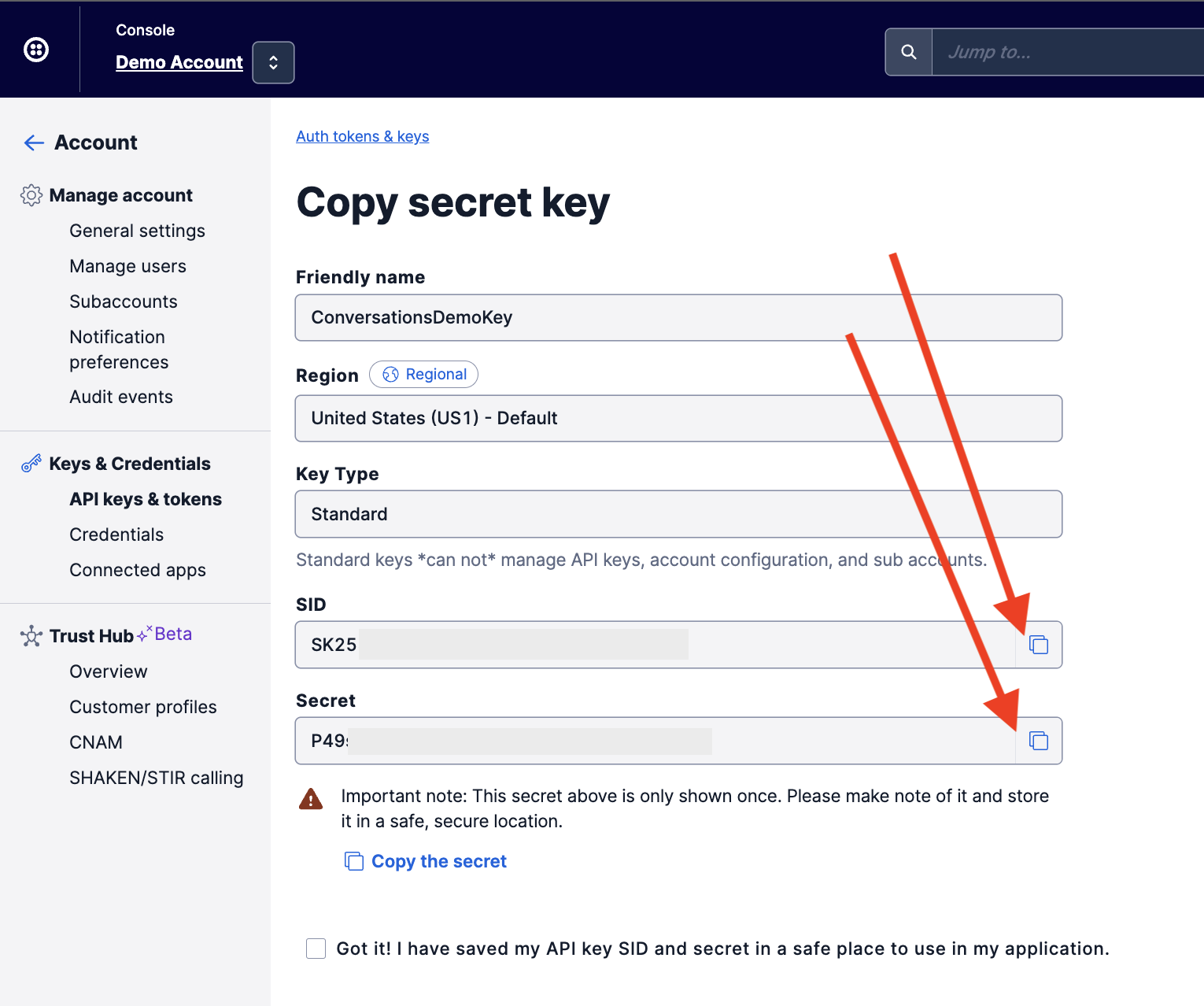 Secret Key in the Twilio Console