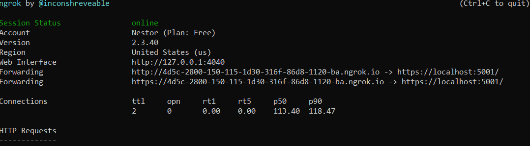 Result of creating an ngrok tunnel in console. The output shows an HTTP and HTTPS Forwarding URL.