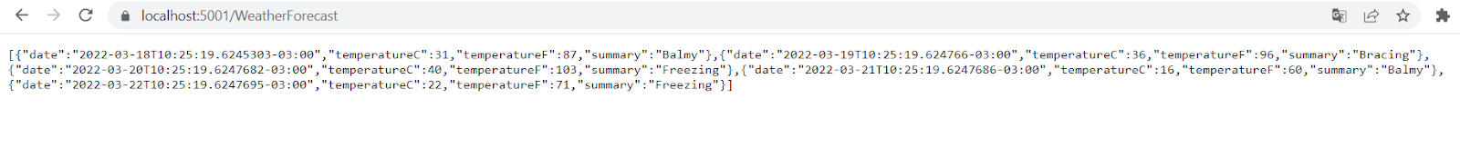 A browser displaying JSON data returned from https://localhost:5001/WeatherForecast