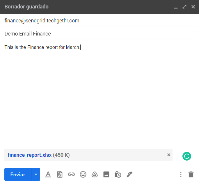 Email to be sent to finance@sendgrid.techgethr.com with subject "Demo Email Finance" and with body "This is the finance report for March. A file name "finance_report.xlsx" is attached to the email.