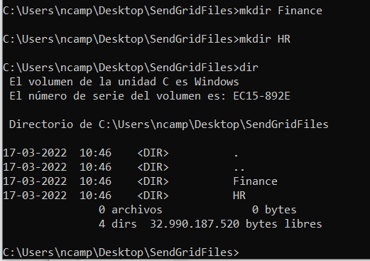 Terminal running a couple commands: "mkdir Finance", "mkdir HR", and "dir". The "dir" command lists both newly created subfolders of the SendGridFiles folder.