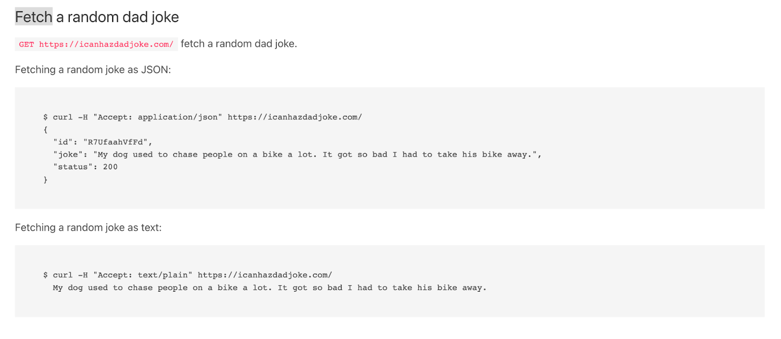 Screenshot showing documentation for fetch a random dad joke api endpoint