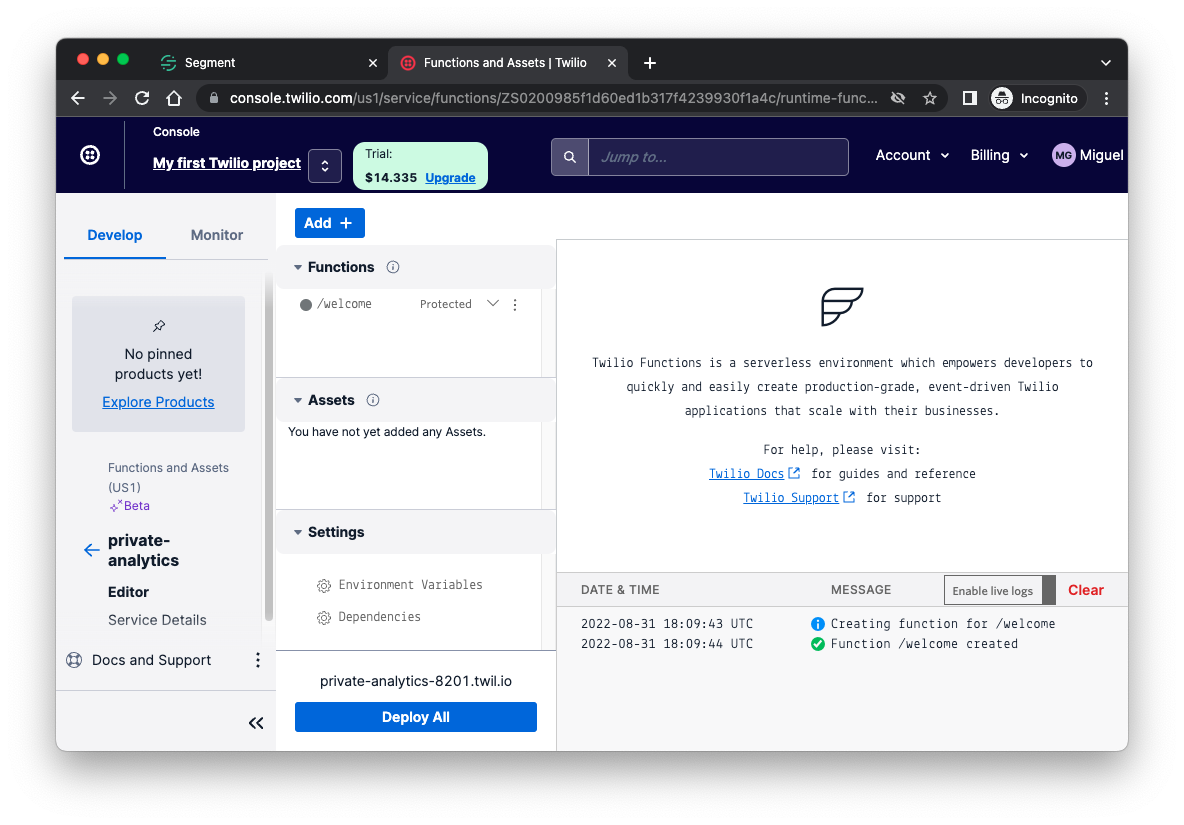 Twilio Functions web-based editor