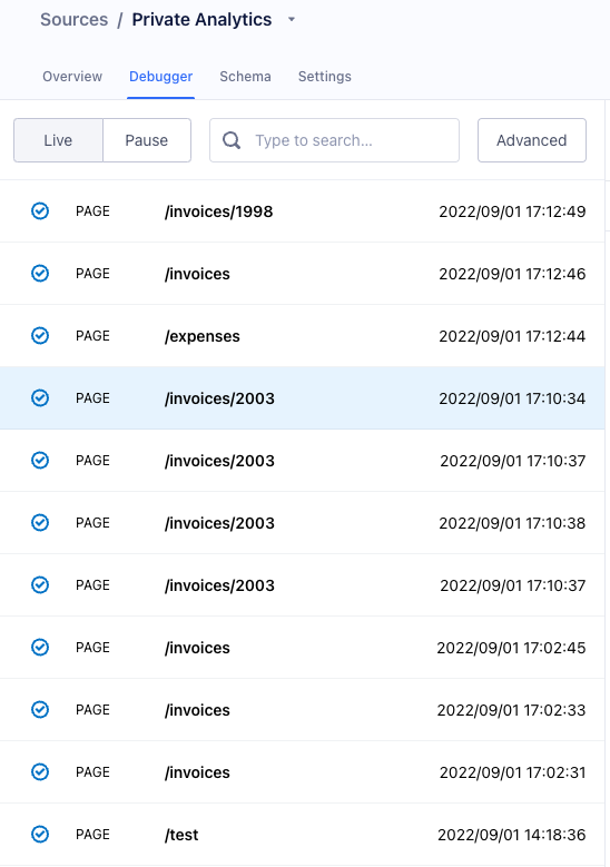 Segment debugger showing page navigation events from React