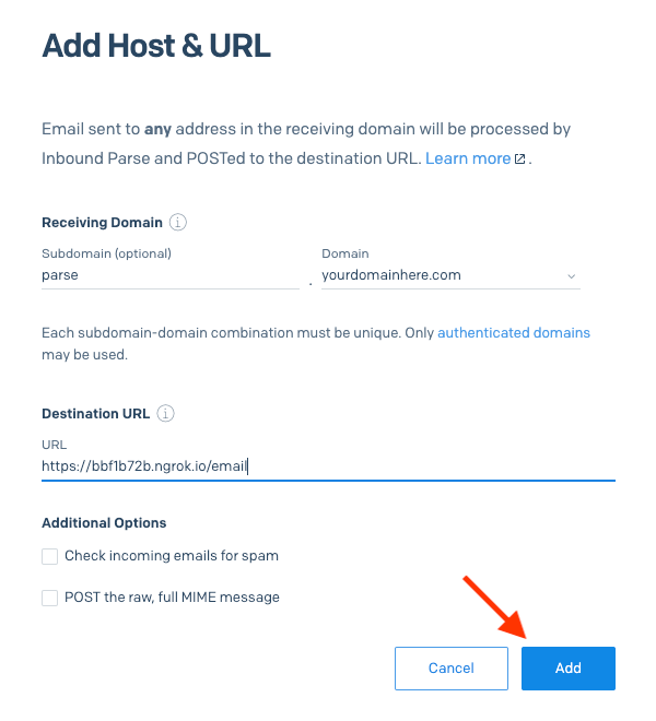 Adding a destination URL for Inbound Parse