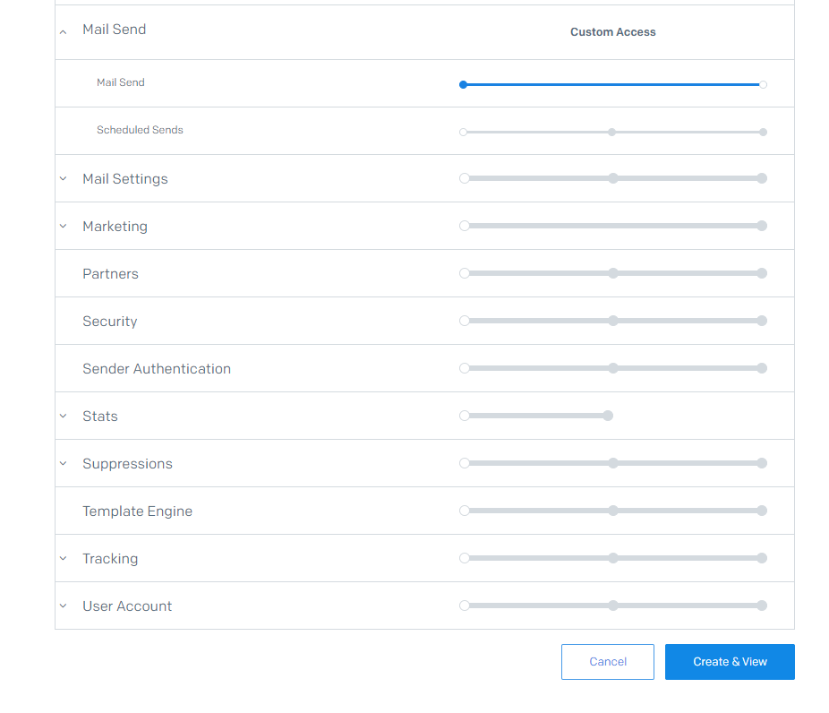 List of permission toggles for the SendGrid API key. The user toggled the Mail Send permission to on.