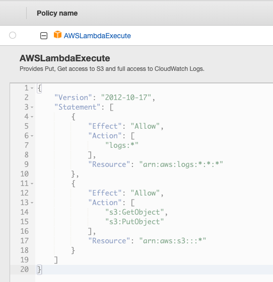 Permissions of AWSLambdaExecute policy are displayed showing the policy has PutObject access to the entire S3 service