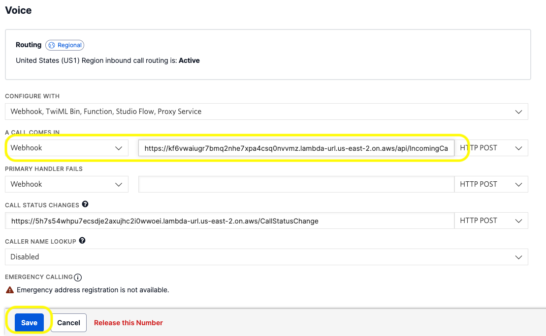 Voice section on the Twilio Phone Number configuration page. Under the "a call comes in" label, the first dropdown is set to Webhook, the text field next to it is set to a AWS Lambda URL with path /IncomingCall, and the dropdown next to it is set to HTTP Post.