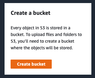 S3 dashboard showing Create a bucket section with brief info about S3 and a Create bucket button