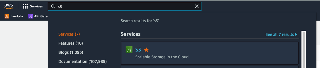 AWS Management Console showing search results for S3