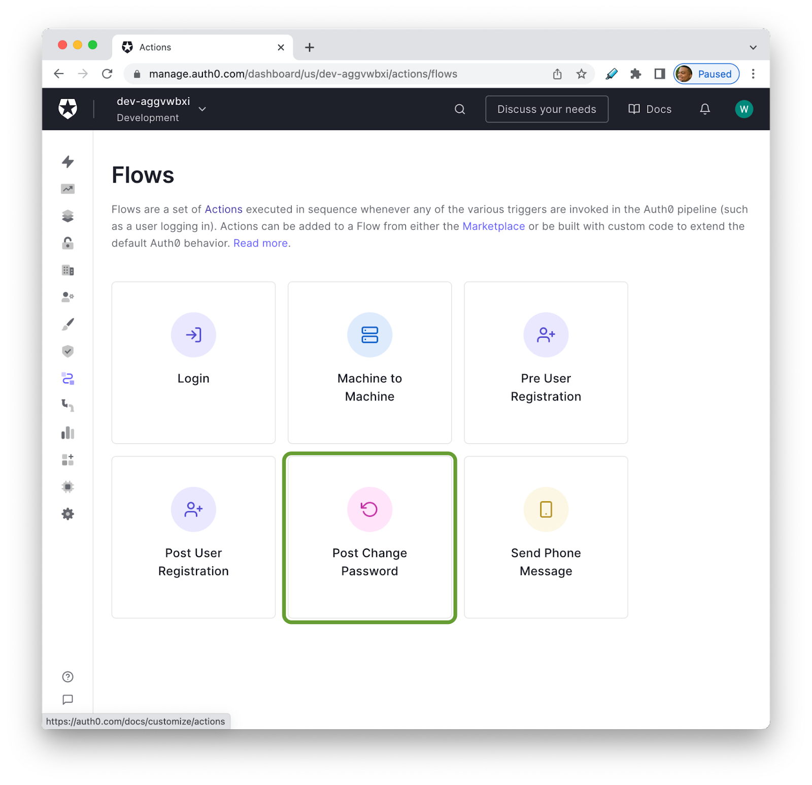 Auth0 Actions Flow Page with Post Page Password highlighted