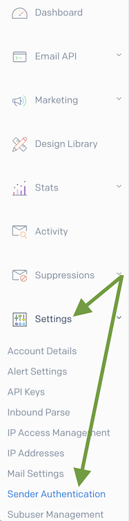 Sender Authentication button in Settings tab on SendGrid