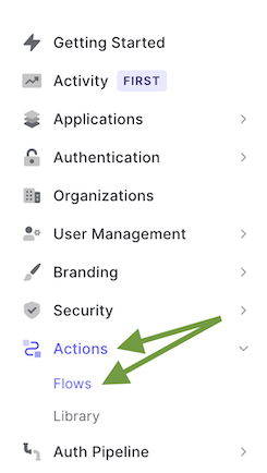Auth0 Dashboard menu tap with Actions and Flows items highlighted