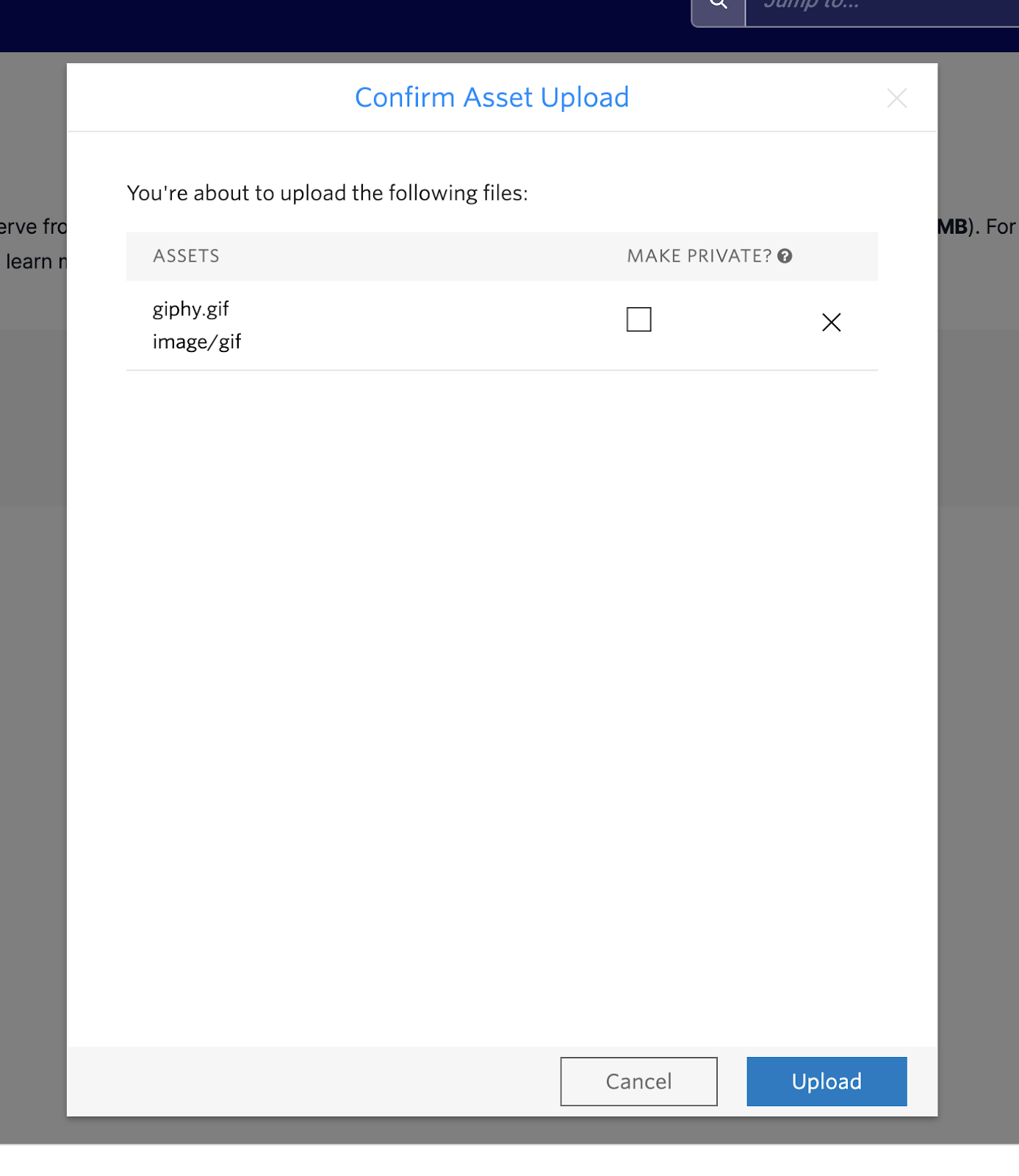 screenshot of confirm asset upload