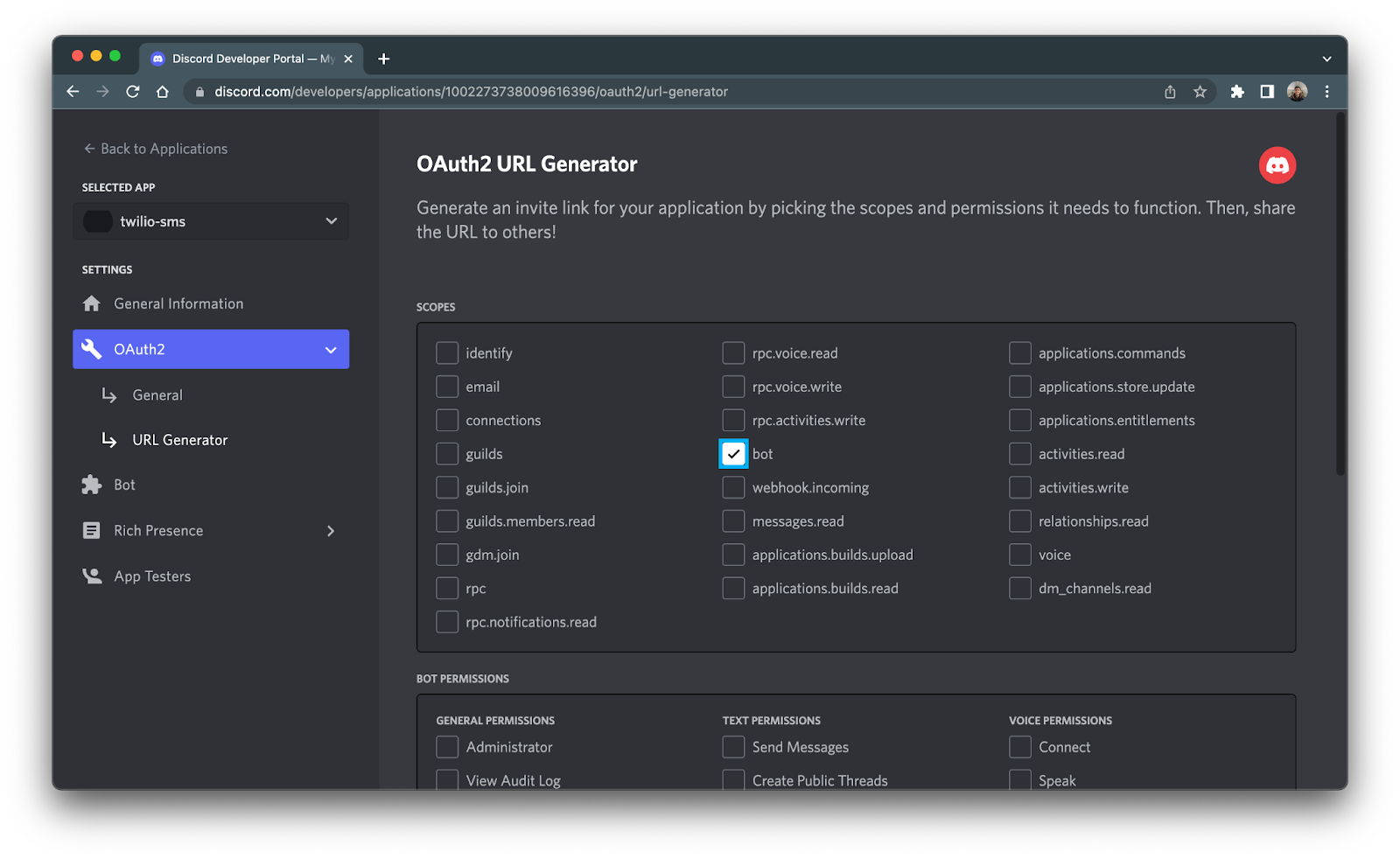 Bot option selected of the scopes within OAuth2 settings