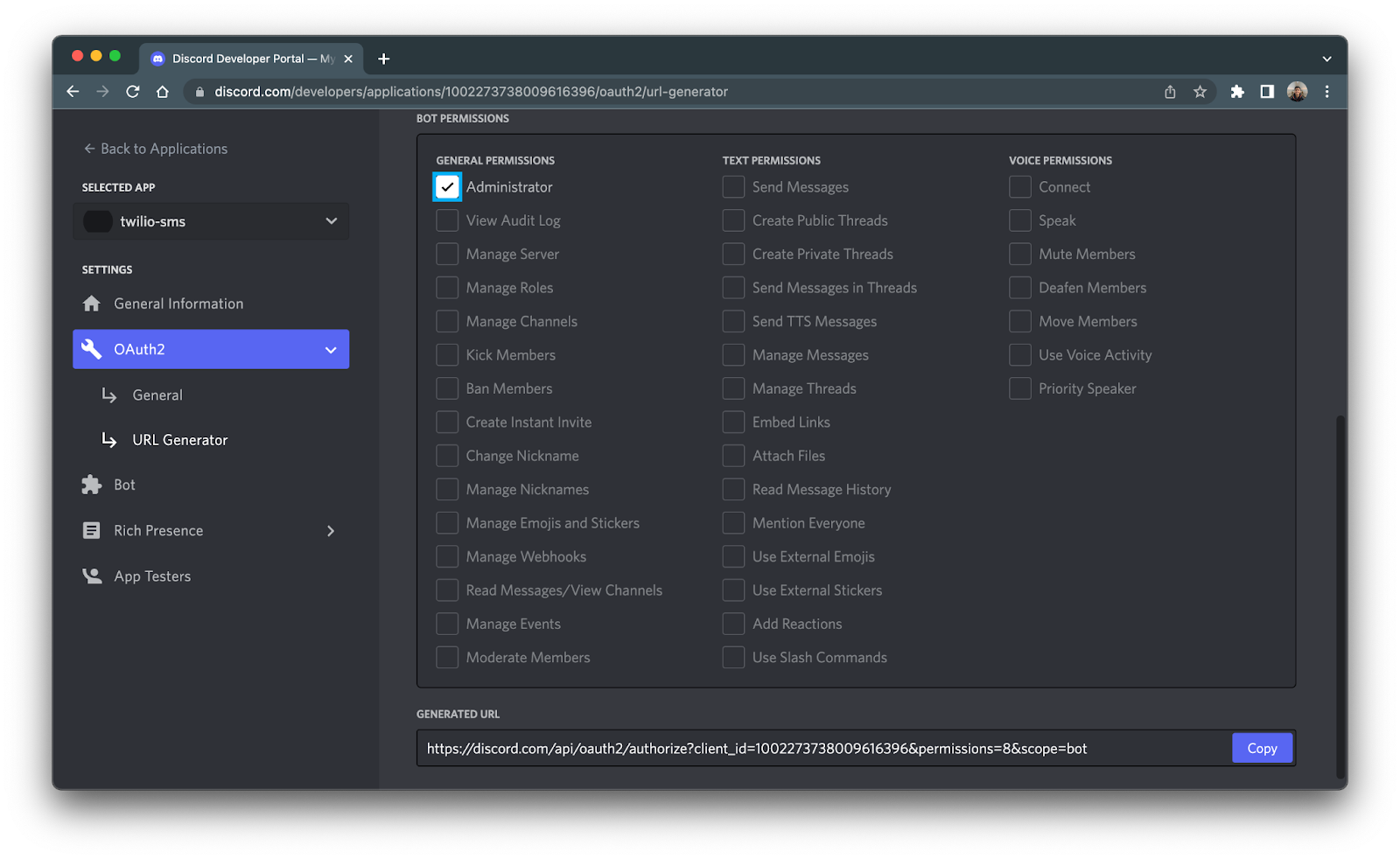 Administrator option selected of the permissions within the OAuth2 settings