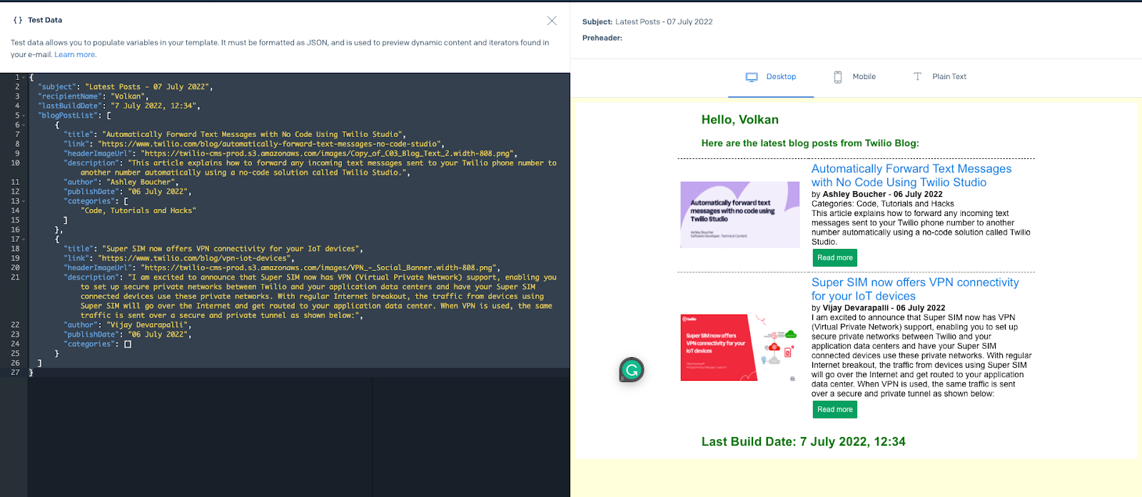 Preview window showing the hard-coded JSON data and the rendered HTML output