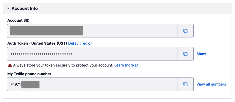 Twilio credentials in the Console