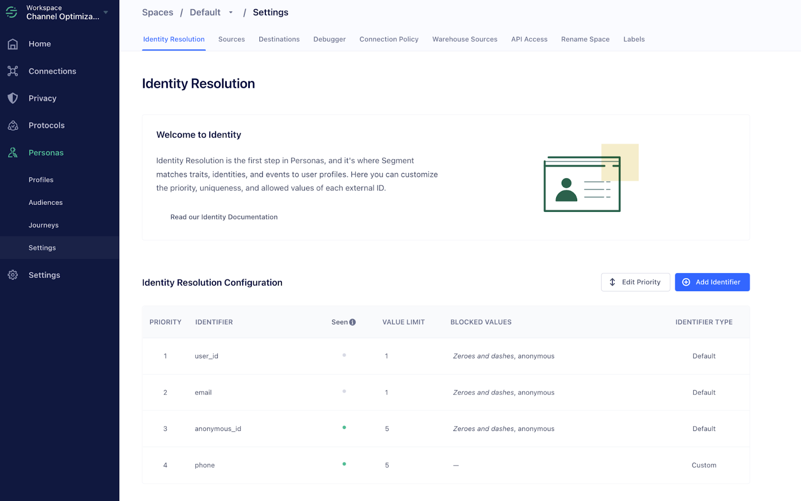 Screenshot of Segment Identity Resolution Settings