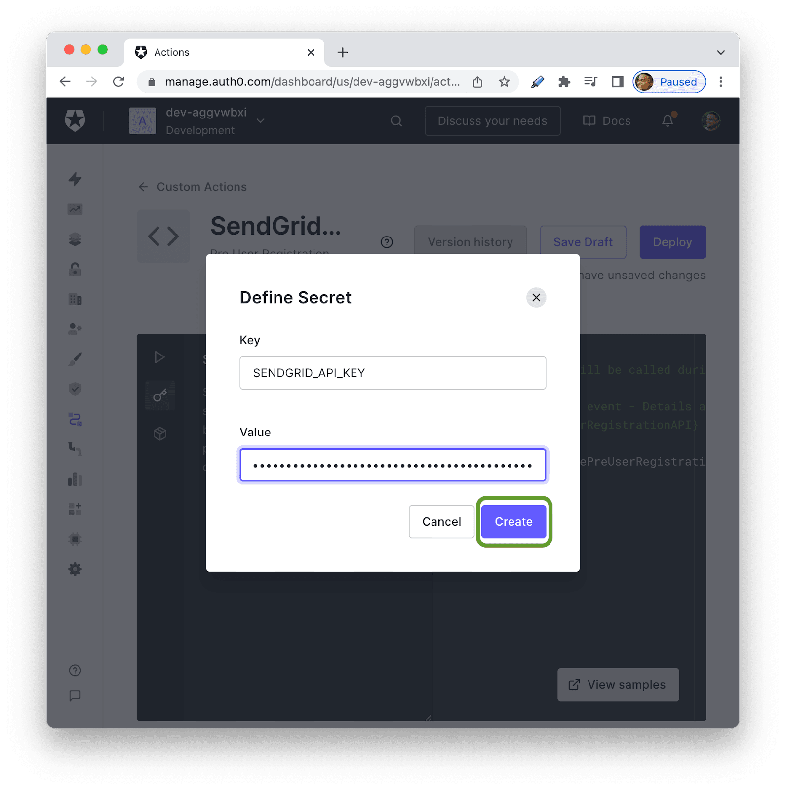 Auth0 Actions Define Secret modal